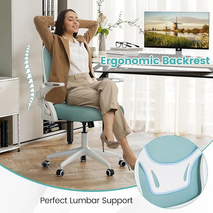 COSTWAY Office Chair, Comfy Swivel Rolling Desk Chair with Adjustable Height & Flip-Up Armrests, Ergonomic Mesh Computer Chairs with Lumbar Support for Working & Gaming (Blue)