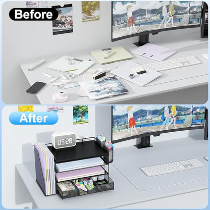 gianotter Wood Desk Organizers and Accessories with File Holder, 4-Tier Desk Accessories & Workspace Organizers with Drawer and 2 Pen Holder, Desk Reference Organizer (Black, 4T with Metal Drawer)