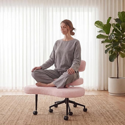 DUMOS Ergonomic ADHD Cross Legged Office Desk Chair with Adjustable Backrest, Height Adjustable Meditation Chair with 360° Swivel Footstool, Teddy Fleece Yoga Stool for Home Office, Pink