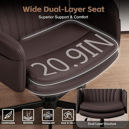 Vonesse Criss Cross Office Chair with Wheels & Armrests, Height Adjustable Vanity Chair, Makeup Chairs with Side Pockets Design, Comfortable Computer Desk Chairs for Home (PU Leather,Brown)
