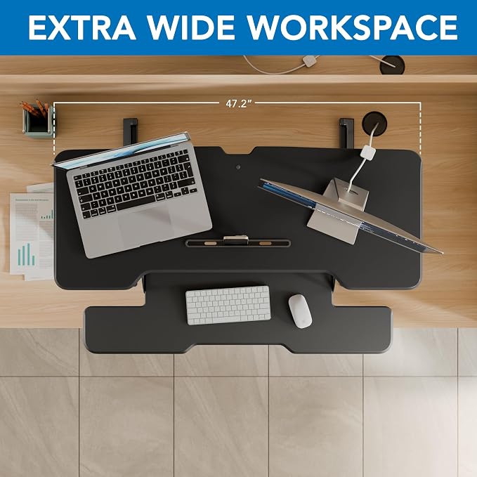 Mount-It! 47" Standing Desk Converter, XL Desktop Sit-Stand Desk Riser with Gas Spring Height Adjustment, Wide Desk Topper for Dual Monitors or Monitor & Laptop, Keyboard Tray, Black