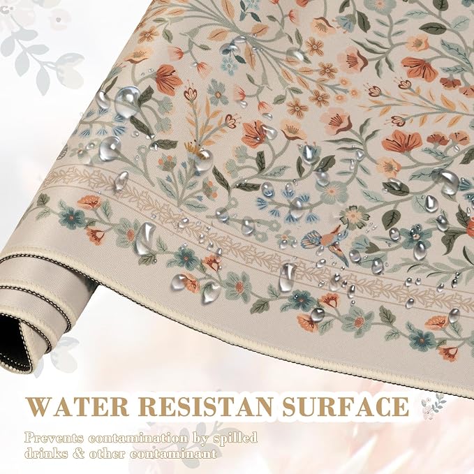 iCasso Aesthetic Floral Desk Mat, L Mouse Pads, Anti-Slip Mousepad with Stitched Edges, Waterproof Computer Pad 11.8"x31.5", Desk Accessories Office Decor for Women(Beige)