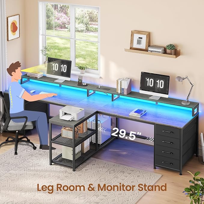 SEDETA 94.5" 2 Person Gaming Desk, Long Office Computer Desk with 8 Drawers & LED Lights, Two Person Desk with Storage, Power Strip & Monitor Stand for Home Office, Grey