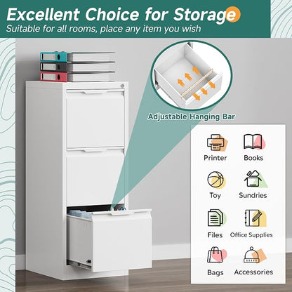 3 Drawer File Cabinet with Lock, Small Filing Cabinets for Home Office,17.8" D Metal File Cabinet for Under Desk, Vertical White File Cabinets for Legal/Letter Size File, Easy Assembly