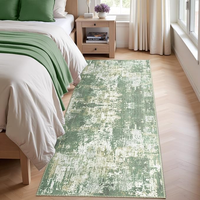 RELEANY Washable Area Rugs 2'x8' Non-Slip Modern Abstract Soft for Living Room Entryway Bedroom Kitchen, Print Pattern, Light Green/Yellow