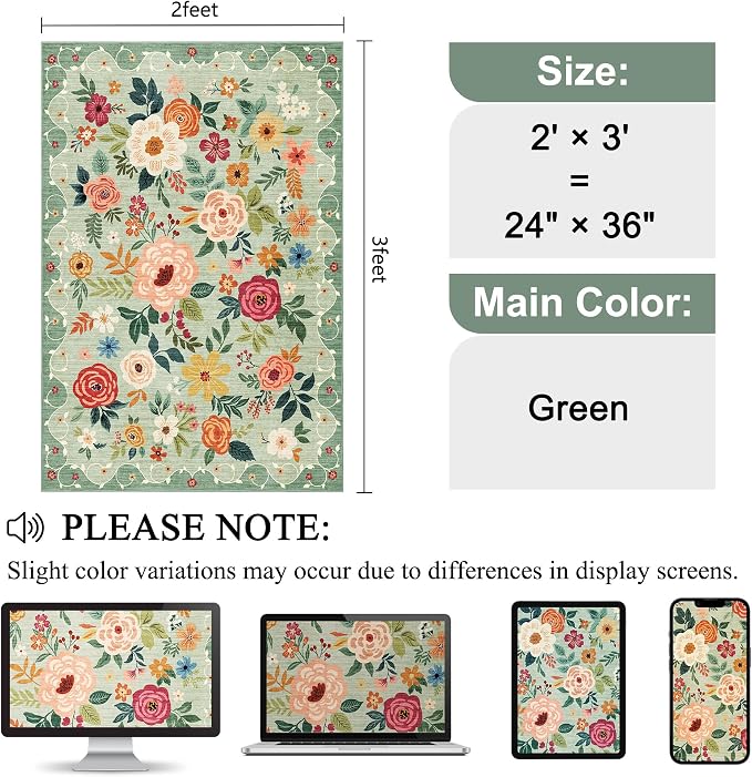 DUKINO 2x3 Rugs for Entryway, Floral Indoor Washable Front Door Mat, Non Slip Boho Small Carpet, Soft Low Pile Throw Rug for Entrance, Bedroom, Kitchen, Laundry, Bathroom, Green