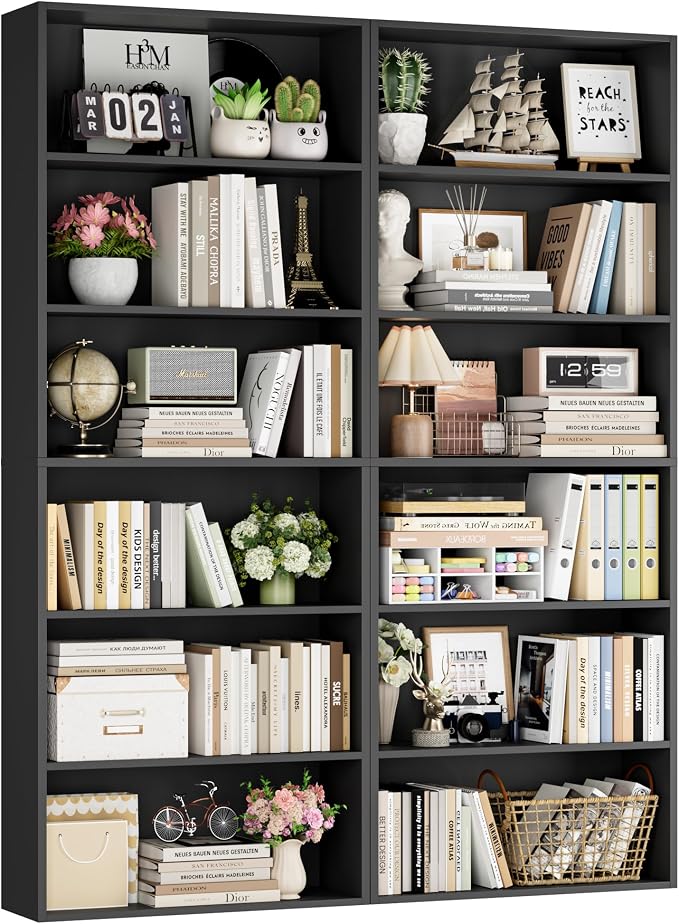 FOTOSOK 6-Tier Open Bookcase and Bookshelf, Freestanding Display Storage Shelves Tall Bookcase for Bedroom, Living Room and Office, Black Set of 2