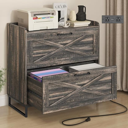 Halitaa File Cabinet 2 Drawers Lateral File Cabinet with Charging Station for Letter/Legal/A4 Size Hanging Files, Large Wood File Storage Cabinets Printer Stand for Home Office, Dark Rustic Oak