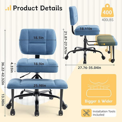 Criss Cross Legged Office Chair with Wheels,Swivel Meditation Chair for ADHD,Ergonomic Desk Chair with Thicken Adjustable Footstool,Fabric Sitting Fidgeting Kneeling Chair for Home Yoga Blue