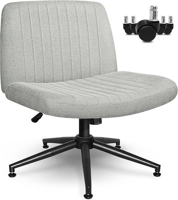 Orange Factory Criss Cross Chair Wheels Wide Cross Legged Office Desk Vanity Dual Base Comfy Fabric Armless Adjustable Swivel for Home Computer Task (Grey Dual Base, Fabric)