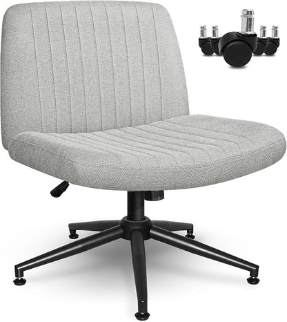 NEO CHAIR Criss Cross Chair with Wheels Armless Cross Legged Office Desk Wide Comfy Vanity Makeup Chair Adjustable Swivel Rolling Computer for Home Office Fabric (Grey)