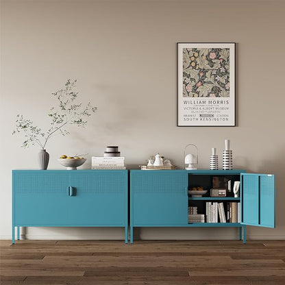 Metal Storage Cabinet,2 Door TV Stand, Metal Mesh Accent Cabinet,Magnetic Door Closure,Low Storage Cabinets with Doors and Shelves