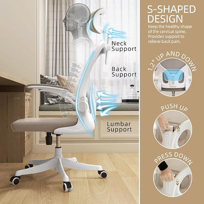 Monhey Ergonomic Office Chair, 90°-125° Tilt Back Home Desk Chair with 360° Swivel & Mute Wheels, High Back Mesh Computer Chair for Adults with Lumbar Support, 330 LBS Capacity (04White+Khaki)