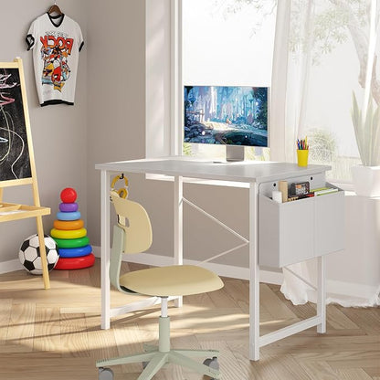 OLIXIS Small Computer Desk, 31 Inch Home Office Desks, Writing Study Craft Work Gaming Table, Computer Workstation for Bedroom Small Spaces with Storage Bag and Headphone Hook, White