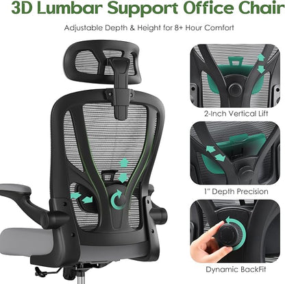 Office Chair Ergonomic Desk Chair - Mesh High Back Office Chair with Headrests Wheels Lumbar Support Home Desk Office Chairs Flip up Armrest Executive Rolling Computer Chair Black Gray 4 Pack