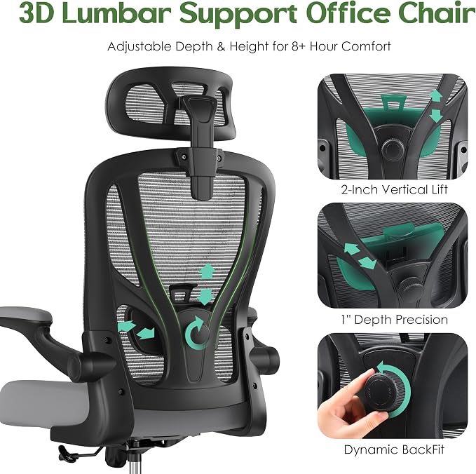 Office Chair Ergonomic Desk Chair - Mesh High Back Office Chair with Headrests Wheels Lumbar Support Home Desk Office Chairs Flip up Armrest Executive Rolling Computer Chair Black Gray 8 Pack