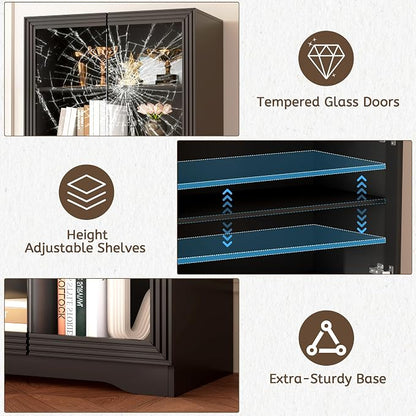 Vlsrka LED Display Cabinet with Glass Doors, Modern Storage Cabinet with 5 Tier Adjustable Shelves, Human Sensor, for Collectibles, 65" Tall Bookcase for Home Office Living Room, Black