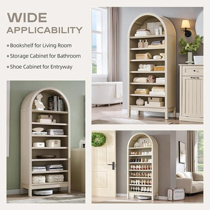 IFGET 71" Tall Arched Bookshelf, 7 Tiers Arch Bookcase with Storage, Modern Farmhouse Book Shelf with Adjustable Shelves, Wood Bookshelf w/Open Display Shelves for Living Room, Office (Cream)