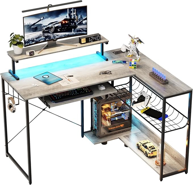 L Shaped Gaming Desk with Power Outlets & RGB Lights, 46'' L- Shaped Desk Computer Corner Desk with Monitor Stand & Storage Shelf & Hook, Home Office Desk Writing Desk, Grey