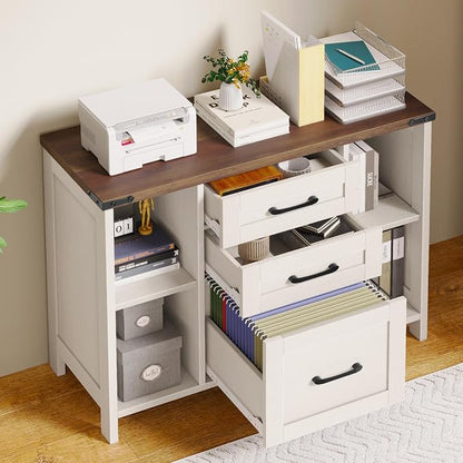 Halitaa 3 Drawer File Cabinet, Farmhouse Lateral Filing Cabinet Fits File Letter or A4 Size, Wooden Printer Stand with Open Storage Adjustable Shelf for Home Office, White