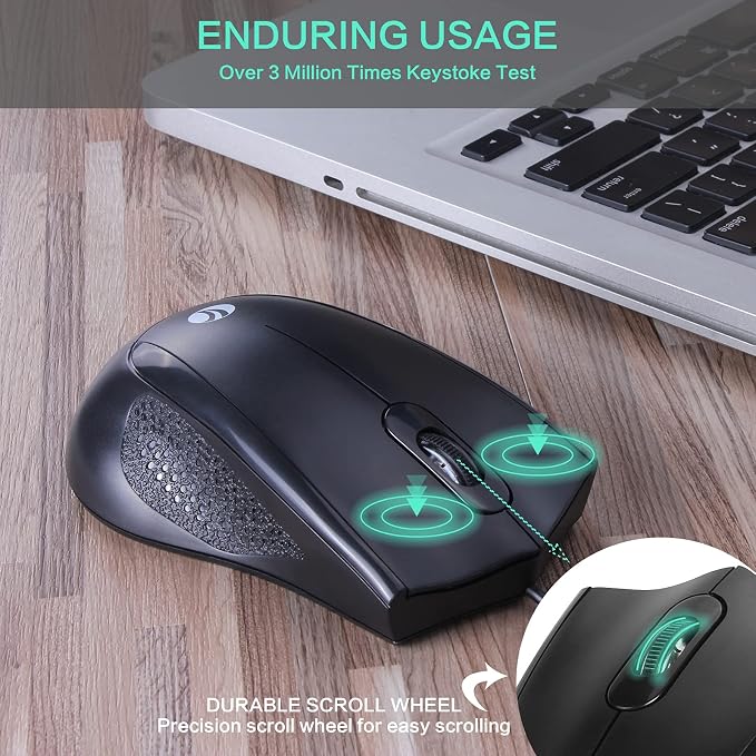 VCOM Wired USB Mouse with 6-Foot Cord, 1200 DPI, Right or Left Hand Use, Ergonomic Design, Black