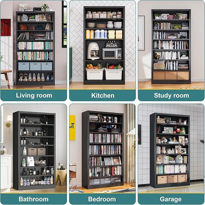 Bookcase,7 Tier Bookshelf,55" Tall Free Standing Metal Bookcase with Adjustable Storage Shelves,Wide Bookshelf for Bedroom Living Room Home Office School (Black, 7 Tier 55"H x 27.5"W x 11.8"D)