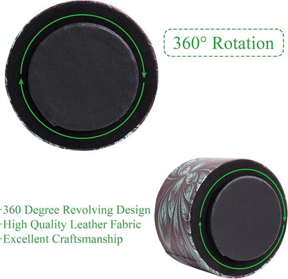 lizimandu Round Leather Art Supply Organizer,Remote Control Holder,360 Degree Rotating,Multi-Functional Pencil Holder,4 Compartments Desktop Stationary Organizer(1-Green Flower)