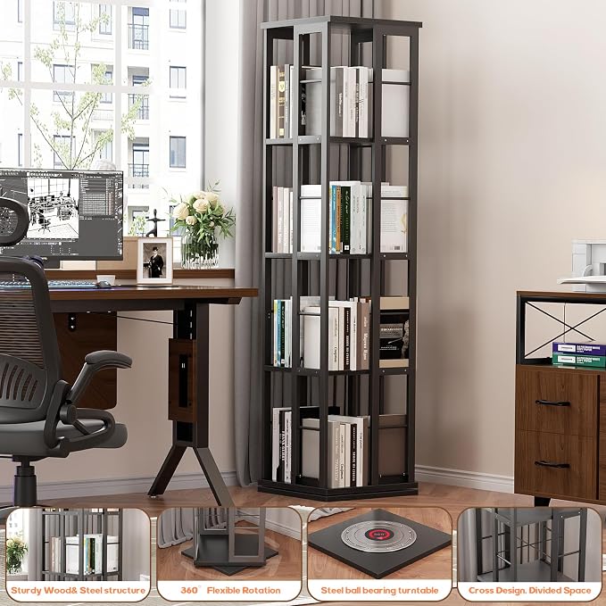 Aheaplus Rotating Bookshelf, Corner Bookshelf, 360 Display Wood Spinning Bookshelfs, Floor Standing Bookcase Narrow Shelf Revolving Organizer Storage Rack for Small Space, Bedroom, Study Room, Black