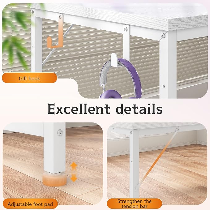 DurayLoly 56 Inch White Computer Desk with Printer Shelf, Power Outlet & LED Lights, Reversible Office Desk with Drawers & Hooks for Headphone, Bags for Bedroom,Dorm,Teens Study Room,White