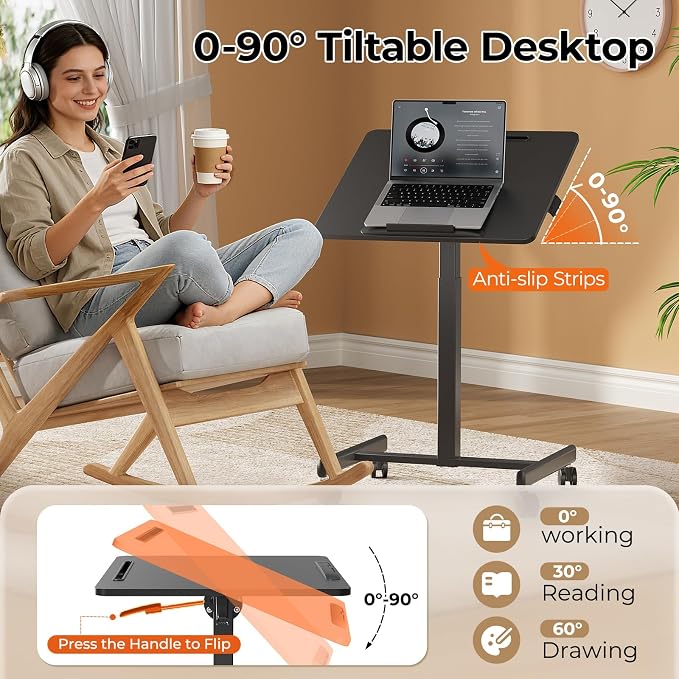 JOY worker Mobile Standing Desk, 23.6" x 20.5" Small Rolling Laptop Cart with 90° Tiltable Desktop, Portable Height Adjustable Sit-Stand Computer Desk on Wheels for Home Office, Black