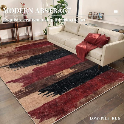 Ciicool Abstract Area Rug Indoor, 3x5 Washable Entryway Rug, Modern Soft Throw Entry Rug with Non-Slip Backing for Bedroom Living Room Entrance Kitchen, Low-Pile Floor Carpet Doormat Red Black