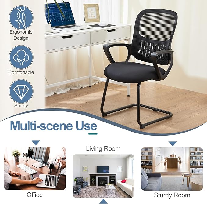 DUMOS Office Desk Chair with Sled Base Set of 2, Ergonomic Executive Mesh Computer Chairs with Lumbar Support for Home Bedroom Waiting Reception Guest Student