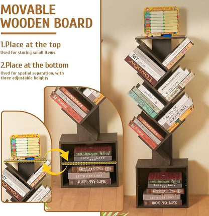 7 Tier Tree Book shelf, Small Bookcase with Reading Planner and Activity Panel, Modern Floor Standing Corner Tall Narrow Storage Cabinet Bookshelves for Home Office Bedroom Living Room (Gray)