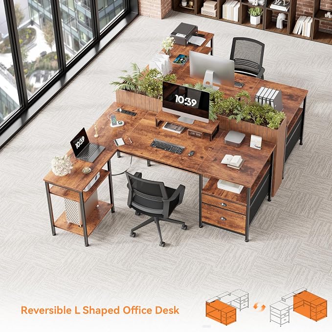 Furologee L Shaped Computer Desk with Power Outlet, Reversible Home Office Desk for Work Study, 50 Inch Corner Gaming Table with File Drawer, Monitor Stand, Storage Shelves, Rustic Brown