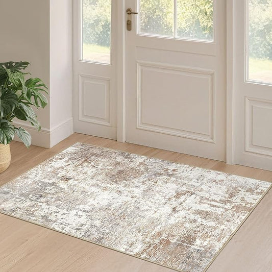 2x4 Rug Washable Runner Rug: Small Abstract Modern Non-Slip Soft Accent Doormat Stain Resistant Floor Throw Mat for Entryway Kitchen Bedroom Nursery Entry Dorm- Brown