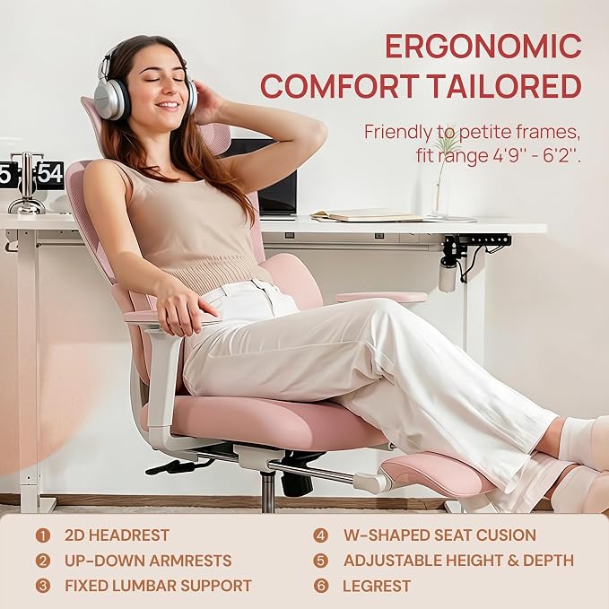 CabLady S1 High Back Ergonomic Mesh Office Chair with Footrest, 300 lbs | 115° Recline Lock, Adjust Seat Depth, 2D Arms, 3D Headrest, Detachable Lumbar Support, Breathable Mesh, BIFMA, Pink