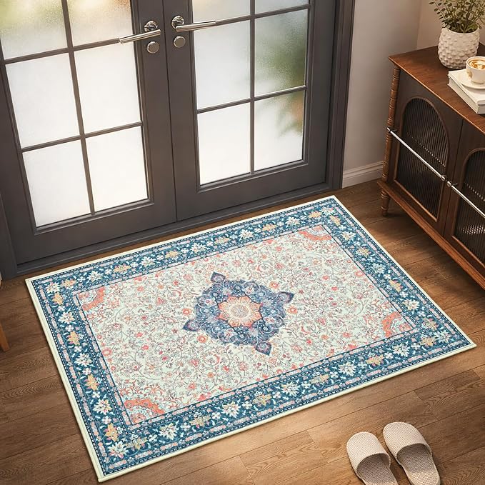 Goideal Washable Rug 2x3, Vintage Area Rugs Non Slip, Indoor Low Pile Carpet with Rubber Backing for Kitchen Bathroom Entryway Office Bedroom,Cream & Navy