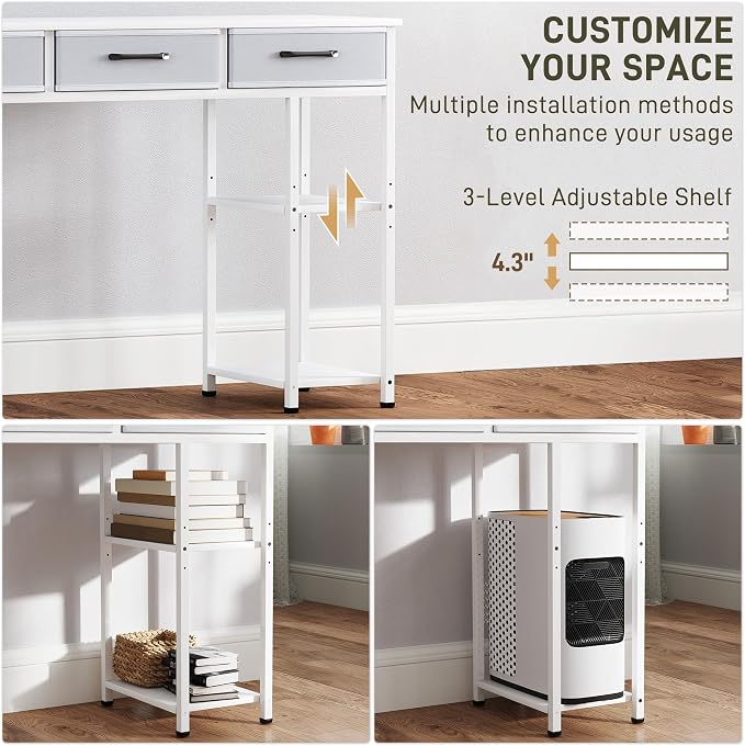 HOMCOM 47" Computer Desk with 3 Fabric Drawers, Home Office Desk with Adjustable Shelves, Small Writing Desk with Storage, White