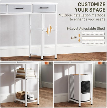 HOMCOM 47" Computer Desk with 3 Fabric Drawers, Home Office Desk with Adjustable Shelves, Small Writing Desk with Storage, White