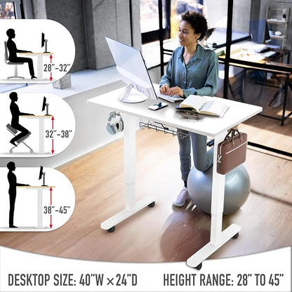 SHW 40-Inch Mobile Electric Height Adjustable Sit to Stand Desk with Drawer, Hanging Hooks and Cable Management, White