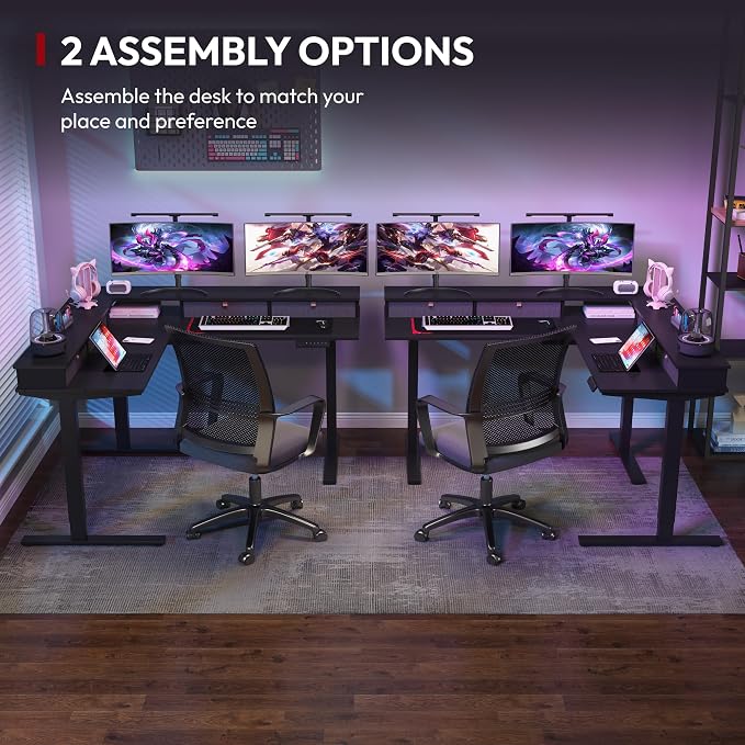 SANODESK 63" L Shaped Standing Desk with 3 Drawers, Height Adjustable Stand up Desk, Corner Gaming Desk with Monitor Stand, Black Frame/Black Top