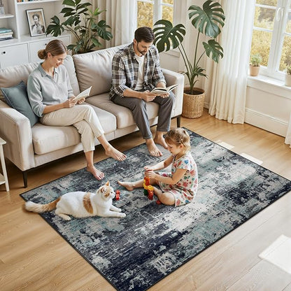 RELEANY Washable Area Rugs 4'x6' Non-Slip Modern Abstract Soft for Living Room Entryway Bedroom Kitchen, Print Pattern, Blue Black Teal