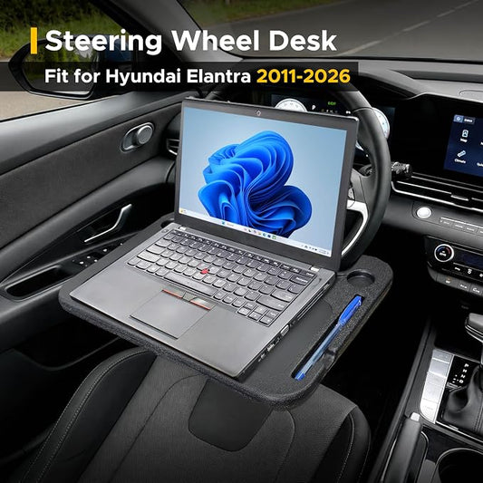 EcoNour Steering Wheel Desk for Hyundai Elantra 2011-2024 2025 2026 2-in-1 Car Tray Table Laptop Car Mount with Pen Holder Food Tray for Eating with Drinks Holder Multipurpose Travel Car Accessories