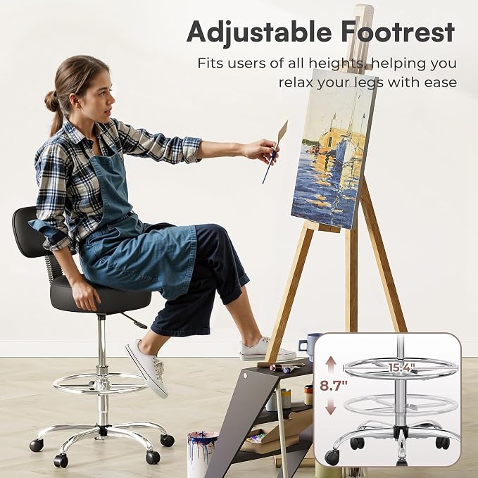 SUPERJARE Drafting Chair with Back, Set of 4, Swivel Barstools, Adjustable Height Rolling Stool with Footrest, Standing Desk Chair for Counter Height Desk, Shop, Home & Kitchen, Clinic & Studio, Black
