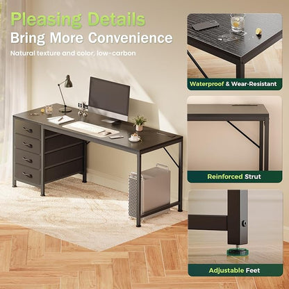 PRAISUN 55.1 Inch Computer Office Desk with Power Outelts and USB-C Port, Reversible Gaming Desk with 4 Fabric Drawers, Work Study Desk Work from Home, Black