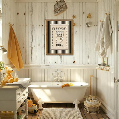 Framed Let The Good Times Roll Bathroom Print, Vintage Funny Toilet Quote Canvas Wall Art, Stripes Bathroom Picture Poster, Downstairs Toilet Painting Wall Decor 12x16 inch
