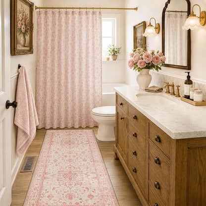 RELEANY Area Rugs Runner 2'x6' Washable Non-Slip, Floral Vintage Distress Medallion Carpet for Kitchen Hallway Bedroom Beside Laundry Room Bathroom, Pink Light Vintage Pink