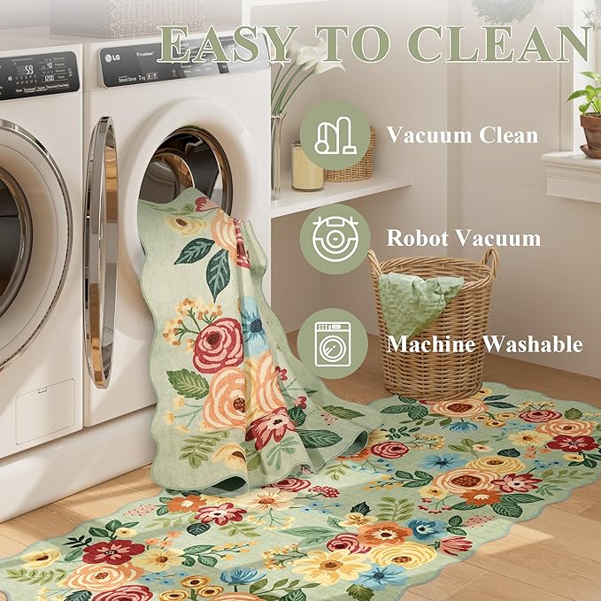 DUKINO 2x8 Washable Runner Rug, Lightweight Soft Floral Hallway Rug Runner with Low Pile Design, Non Shedding & Non Slip Backing Thin Indoor Carpet for Bedroom, Bathroom, Entrance, Kitchen, Green