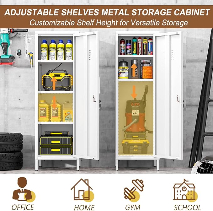 pozdeg 47.24" Metal Storage Locker with Lockable, Employees Metal Steel Locker with 1 Door ＆ 3 Adjustable Shelves, Small Locker Storage Cabinets for Home, School, Office, Gym (White)