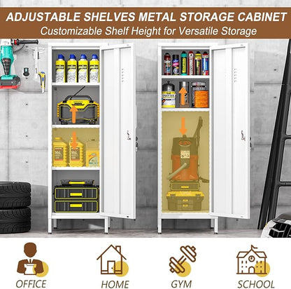 pozdeg 47.24" Metal Storage Locker with Lockable, Employees Metal Steel Locker with 1 Door ＆ 3 Adjustable Shelves, Small Locker Storage Cabinets for Home, School, Office, Gym (White)